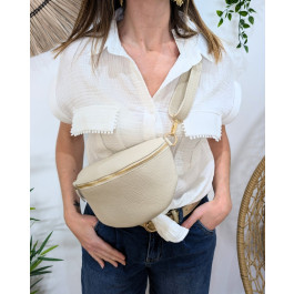 Sac banane femme cuir effet craquelé bandoulière-Beige