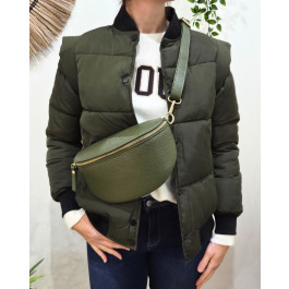 Sac banane femme cuir effet craquelé bandoulière-Kaki