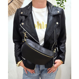 Sac banane femme cuir effet craquelé bandoulière-Noir