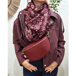 Sac banane femme cuir effet craquelé bandoulière-Rouge bordeaux