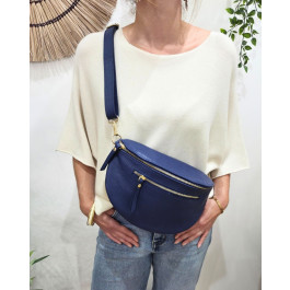 Sac banane cuir femme double zip Saphora-Bleu marine