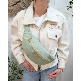 Sac banane femme coton coeur brodé doré-Vert amande