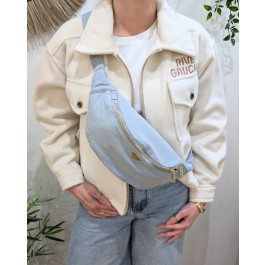 Sac banane femme coton coeur brodé doré-Bleu ciel