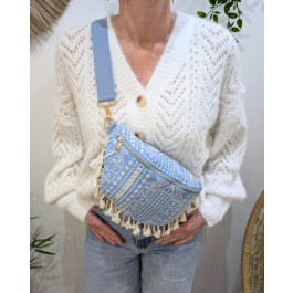 Sac banane femme coton broderies fleuries et coquillages-Bleu ciel