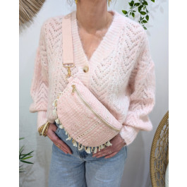 Sac banane femme coton broderies fleuries et coquillages-Rose