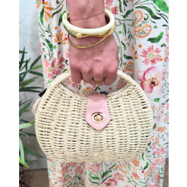Sac à bandoulière en paille beige rigide rond-Rose