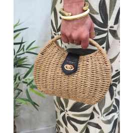 Sac à bandoulière en paille camel rigide rond-Noir