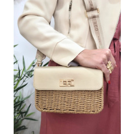 Sac à bandoulière en paille rigide simili cuir -Or