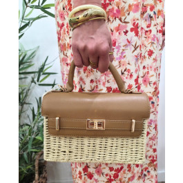 Sac à main et à bandoulière en paille beige rigide et simili cuir-Camel