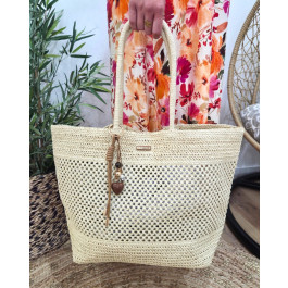 Grand sac cabas en paille porte clés coeur-Beige
