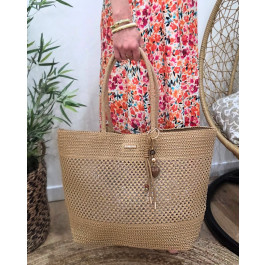 Grand sac cabas en paille porte clés coeur-Camel