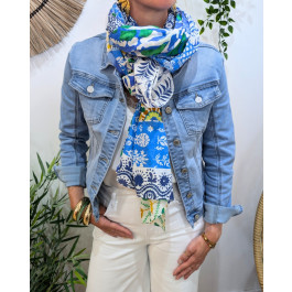 Foulard femme patchwork imprimés fleuris-Bleu