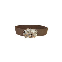 Ceinture élastique boucle double fleur dorée-Camel