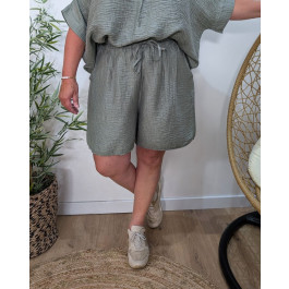Short élastiqué grande taille tencel gaufré-Kaki