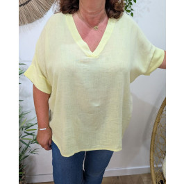 Blouse femme grande taille unie coton lin-Jaune