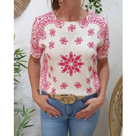 Blouse femme maille écrue à motifs Nyméa-Rose fuchsia