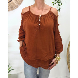 Blouse femme épaules et manches ajourées Cécile-Terracotta