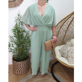 Combinaison femme grande taille fluide plissée-Vert d'eau