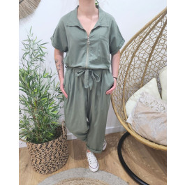 Combinaison femme grande taille coton lin Rosita-Kaki