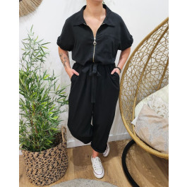 Combinaison femme grande taille coton lin Rosita-Noir