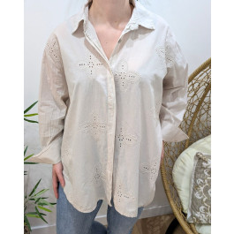 Chemisier femme oversize broderies fleuries-Beige