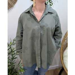 Chemisier femme oversize broderies fleuries-Kaki