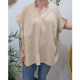 Chemisier femme oversize coton gaze broderies palmiers-Beige