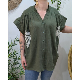 Chemisier femme oversize coton gaze broderies palmiers-Kaki