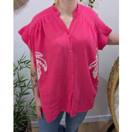 Chemisier femme oversize coton gaze broderies palmiers-Rose fuchsia