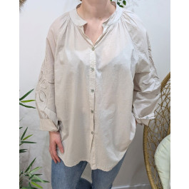 Chemisier femme oversize col mao manches fleurs brodées-Beige
