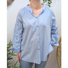 Chemisier femme oversize col mao manches fleurs brodées-Bleu ciel