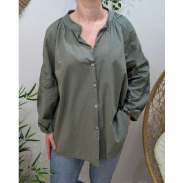 Chemisier femme oversize col mao manches fleurs brodées-Kaki