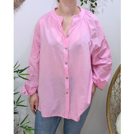 Chemisier femme oversize col mao manches fleurs brodées-Rose