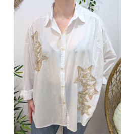 Chemisier femme oversize étoiles broderies strass-Blanc