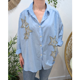 Chemisier femme oversize étoiles broderies strass-Bleu ciel