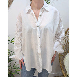 Chemisier femme oversize manches fleurs brodées ajourées-Blanc