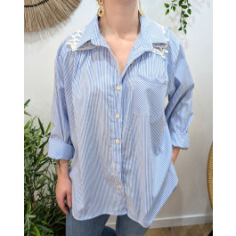 Chemisier femme oversize rayé dos brodé ajouré-Bleu