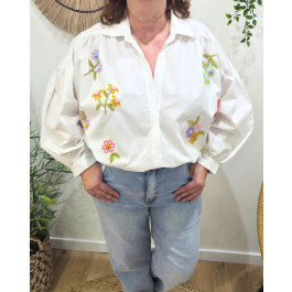 Chemisier femme oversize broderie fleurs-Blanc