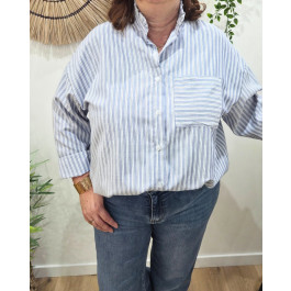 Chemisier femme oversize rayé col montant-Bleu