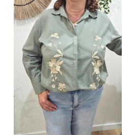 Chemisier femme oversize brodé à fleurs-Kaki
