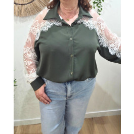 Chemisier femme fluide manches dentelle-Kaki