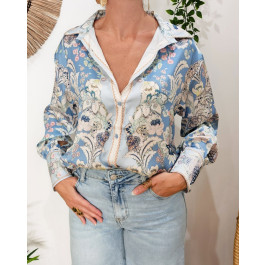 Chemisier femme manche longue motifs baroques Rodica-Bleu ciel