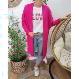 Gilet long femme uni-Rose fuchsia
