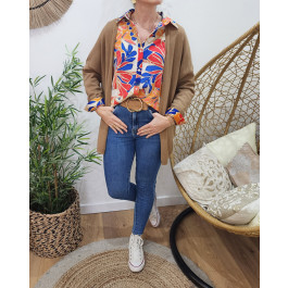 Gilet mi-long femme petite etoile relief-Camel