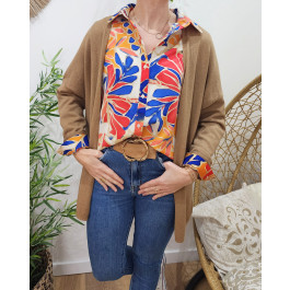 Gilet mi-long femme petite etoile relief-Camel