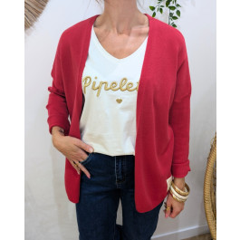 Gilet mi-long femme petite etoile relief-Rouge framboise