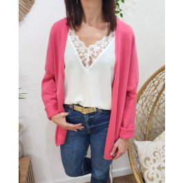 Gilet mi-long femme petite etoile relief-Rose