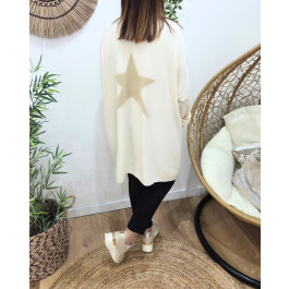 Gilet femme long dos étoile lurex-Ecru