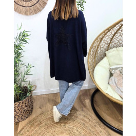 Gilet femme long dos étoile lurex-Bleu marine