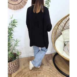 Gilet femme long dos étoile lurex-Noir